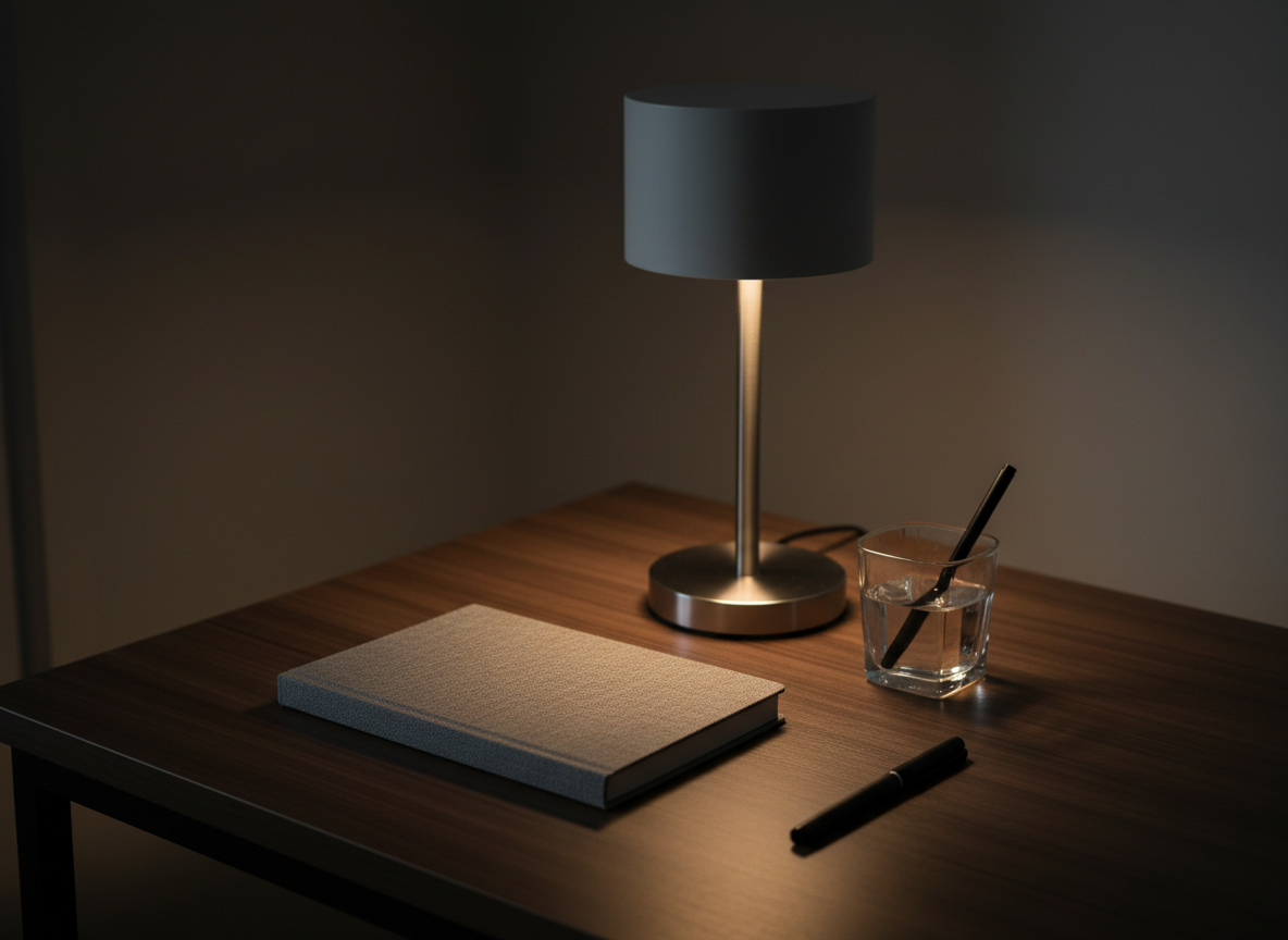 A minimalist evening journaling scene features a closed stone-grey notebook with a subtle fabric texture, positioned slightly off-center on a dark walnut desk. Next to it, a sleek brushed-steel table lamp with a cylindrical white shade casts warm, focused light onto the notebook’s cover, creating a soft highlight and gentle shadow gradient. A small, square glass of water and a single black pen rest nearby, carefully spaced to maintain balance. The background fades into soft darkness with only the suggestion of a wall’s edge, keeping attention on the journal. Photographic realism, shot from a slightly elevated three-quarter angle with a controlled, shallow depth of field. The atmosphere is calm, reflective, and disciplined, conveying an intentional nightly journaling habit for personal growth.