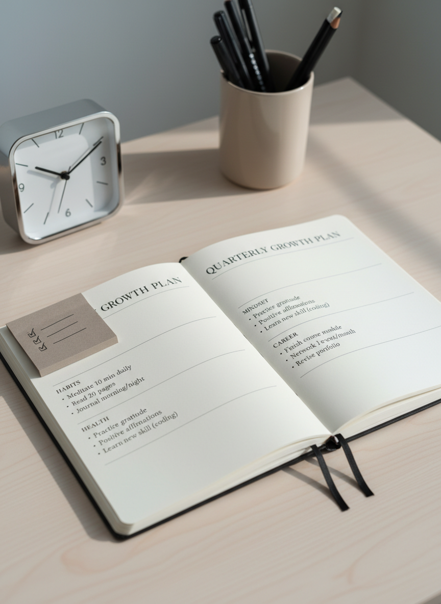 An open journal dedicated to personal growth goals is displayed on a pale, matte-finished desk, showing a clean two-page spread titled “Quarterly Growth Plan” in precise, printed lettering. The pages are divided into structured sections with thin, grey lines: “Habits”, “Mindset”, “Health”, and “Career”, each containing short, neatly written bullet points. A muted taupe sticky note with a small checklist is partially tucked into the top corner. To the left, a slim, silver-framed analog clock with a white face hints at time management, while a muted beige ceramic cup holding pens sits in the background, softly blurred. Cool, indirect daylight illuminates the scene from the right, creating subtle, professional contrast. Photographic realism, eye-level composition with rule-of-thirds framing, evoking clarity, intention, and strategic self-improvement through journaling.