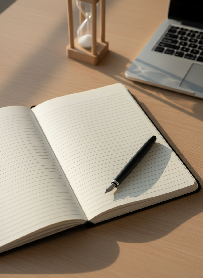 A hardcover journaling notebook lies open on a clean, light oak desk, its ivory pages filled with neat, evenly spaced lines ready for writing. A finely crafted metal fountain pen with a matte black barrel rests diagonally across the lower page, its nib catching the light. Nearby, a minimalist sand timer and a slim, silver laptop are slightly out of focus, reinforcing a professional workspace. Soft morning daylight filters in from an unseen window to the left, casting gentle, directional shadows and a calm, neutral palette of greys and beiges. Photographic realism, shot from a slightly elevated angle with a shallow depth of field, creating a structured, balanced composition that feels organized, focused, and ideal for a personal growth journaling blog header.